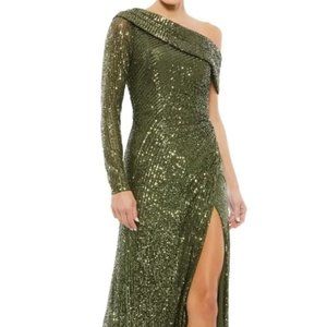 Mac Duggal Olive Green Sequin One-Shoulder Side Slit Gown